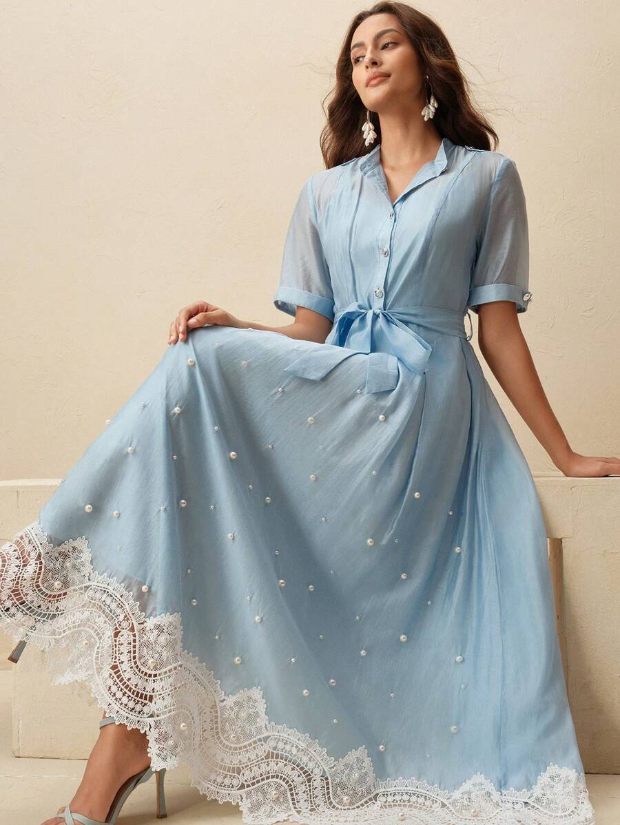 Anewsta 女式透明不对称下摆长裙，镂空短袖设计 - 藍色 - 查看 1