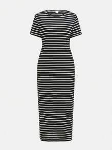 SHEIN Leap Crew Vestido casual básico de verano suelto con cuello redondo y manga corta, a rayas en blanco y negro, vestido diario informal para adolescentes, con abertura lateral, apropiado para la playa - Blanco y Negro - Ver 6