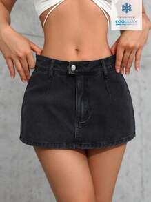 SHEIN Tall 休闲洗水低腰牛仔迷你裙 - 黑色 - 查看 3