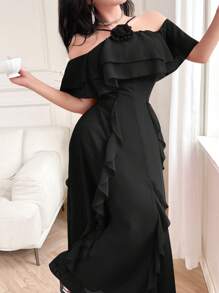 Modelyn SHEIN X Hannahelzahed Abito lungo elegante da donna con finiture a volant, decorazione floreale 3D e spalle scoperte, colore tinta unita, modello estivo