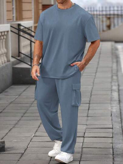 Manfinity CasualCool 男士休闲纯色短袖T恤和短裤套装，夏季加大码