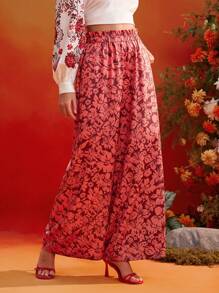 Oxana Frida Kahlo X SHEIN X Designer 花卉印花荷叶边松紧腰阔腿裤女夏季度假休闲 - 彩色 - 查看 5