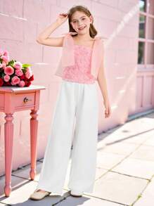 SHEIN 2pcs/Set Tween Girls Ruffle Bow Knot Camisole Top & Loose Casual Pants Set - Multicolor - View 1