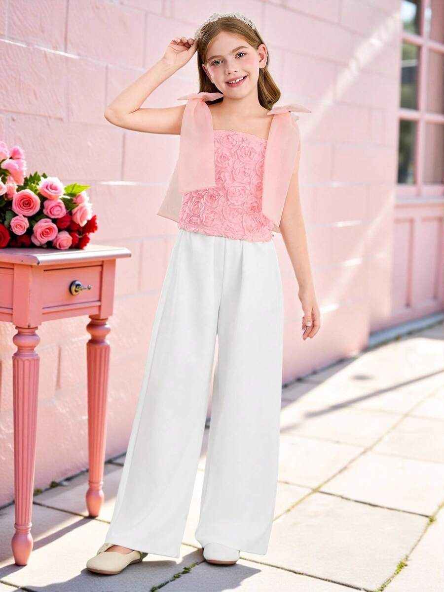 SHEIN 2pcs/Set Tween Girls Ruffle Bow Knot Camisole Top & Loose Casual Pants Set - Multicolor - View 1