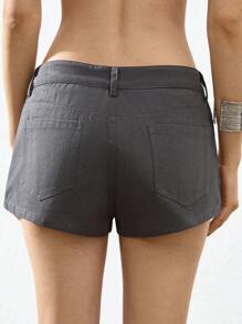 Aveloria GENKIRA Deep Grey Faux Denim Solid Color Asymmetrical Waistline Double Button Design Low-Rise Casual Streetwear Sexy Shorts For Women - Dark Grey - View 2