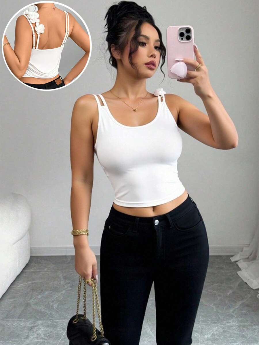 SHEIN Clasi Standard Size Women Design Floral Strap Slim Back Tank Top - White - View 1