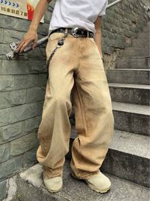 Manfinity EMRG Men's Long Khaki Denim Stacked Wide Leg Jeans Avant-Garde Street Style With Chain Accent