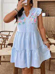 Weeklong Plus Size Women Striped & Floral Print Elegant Sweet Casual Commute V-Neck Ruffle Dress, Spring Dress - Blue and White - View 4