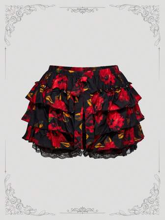 ROMWE Avant Plus Size Women Floral Garden Rose Print Ruffle Hem Tied Waist Shorts