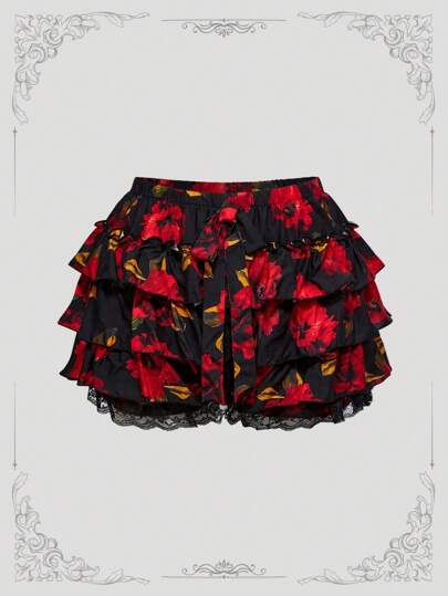 ROMWE Avant Plus Size Women Floral Garden Rose Print Ruffle Hem Tied Waist Shorts