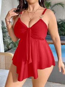 Swim Lushoire 大码女式纯色 Camikini Tankini 泳衣 - 紅色 - 查看 4