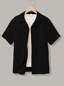 SHEIN Teenboys 宽松休闲百搭纯色纹理短袖衬衫，适合春夏季节，适合运动、外出、居家度假、穿搭