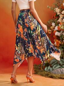 Frida Kahlo X SHEIN X Designer Oxana Floral Print Pleated Asymmetrical Hem High Waist Women Midi Skirt Summer Holiday