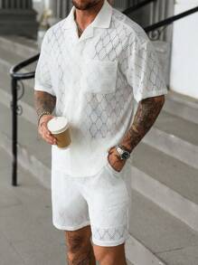 Manfinity Homme Men's Solid Color Short Sleeve Shirt With Hollow Embroidered Pocket Shorts Set Men Two Pieces Set Summer Men 2 Pieces Outfits White Men Shirt And Shorts Set Beach Clothes For Men White Cream Crochet Men's Short Set,A Great Gift For A Boyfriend Or Husband. - White - View 5