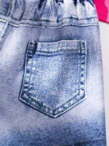 Tween Girls Summer Casual Holiday 2pcs Set: Solid Pearl Trim Cami Top & Denim Print Shorts Young Girls Sets Summer - Hot Pink - View 4