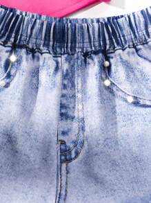 Tween Girls Summer Casual Holiday 2pcs Set: Solid Pearl Trim Cami Top & Denim Print Shorts Young Girls Sets Summer - Hot Pink - View 8