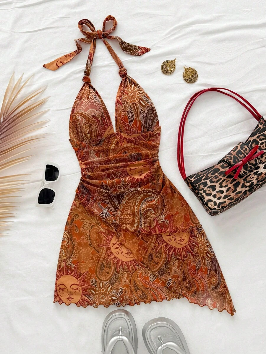 Soleia Váy ngắn lưới nhún bèo cổ chữ V họa tiết Paisley cho kỳ nghỉ của phụ nữ, Váy ngày lễ lãng mạn cho buổi hẹn hò, lễ hội âm nhạc, trà chiều, bãi biển, trang phục mùa hè, trang phục Ibiza - Nhiều màu - Xem 1