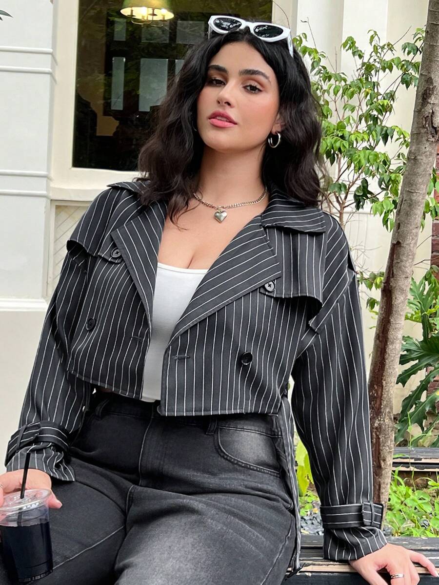 SHEIN EZwear 大码女式灰色条纹休闲风衣,教师秋冬季 - 灰色 - 查看 1