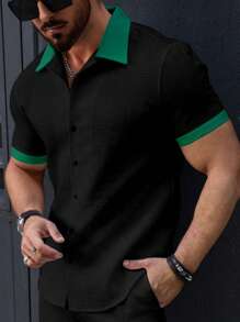 Manfinity Homme Men's Casual Colorblock Short Sleeve Shirt, Summer