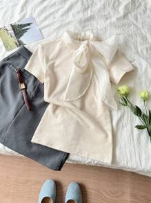 DAZY Women's Summer Tie Strap Short Sleeve Fitted T-Shirt, Elegant Casual Tee For Urban Life