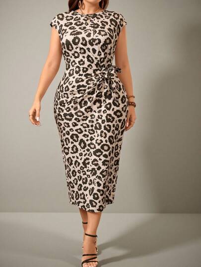 SHEIN Clasi Plus Size Crew Neck Raglan Sleeve Tie-Waist Leopard Print Casual Dress Maxi Women Outfit Leopard Dressleopard Print Dressanimal Print Dresscheetah Dressrobe Leopard