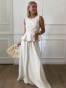 DAZY Bộ 2 váy vải lanh cổ tròn đính hạt trang trí mùa hè cho nữ, eo thắt chặt, viền xếp nếp - Màu Khaki - Xem 4