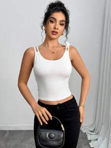 SHEIN Clasi Standard Size Women Design Floral Strap Slim Back Tank Top - White - View 4