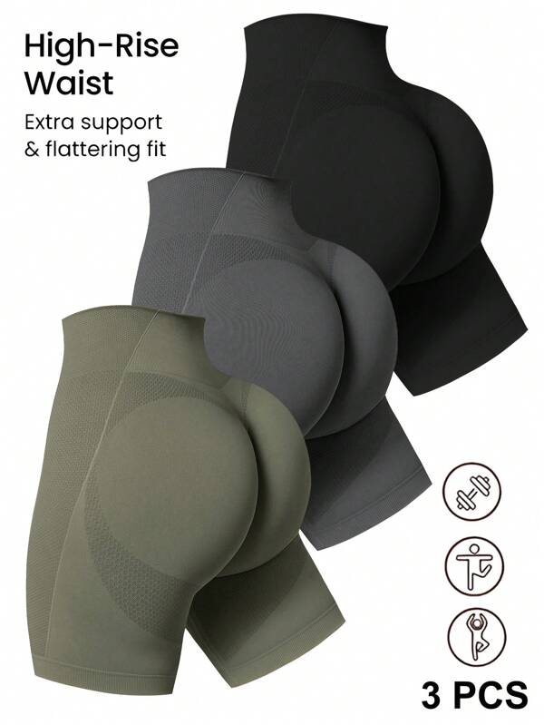 Easithlete 3 Pieces Solid Color High Waist Seamless Stretchy Sports Shorts Workout Short