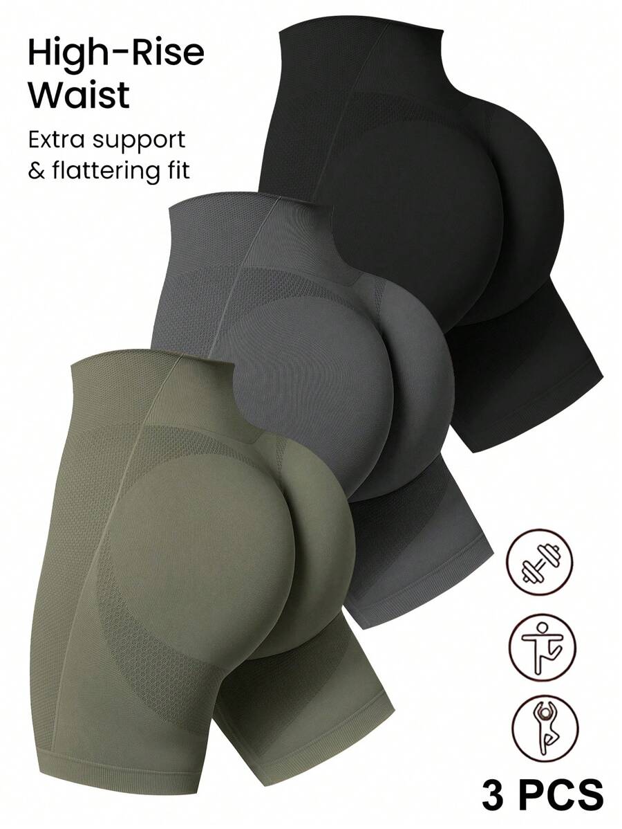 Easithlete 纯色高腰无缝弹力运动短裤健身短裤 - 彩色 - 查看 1