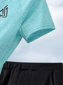 SHEIN 2pcs/Set Tween Boy Colorblock Pattern T-Shirt And Shorts Sports Outfit - Green - View 3