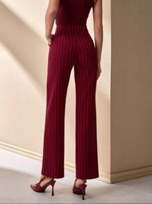 CLARA VERO Women Stripe Pattern High Waist Straight Pants - Burgundy - View 5