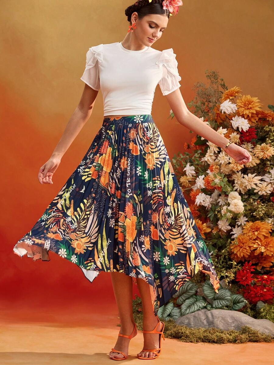 Frida Kahlo X SHEIN X Designer Oxana Floral Print Pleated Asymmetrical Hem High Waist Women Midi Skirt Summer Holiday