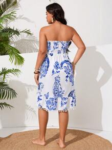 Swim Vcay Plus Size Random Floral Print Bandeau Cover-Up Dress For Summer Beach Vacation - Multicolor - View 2