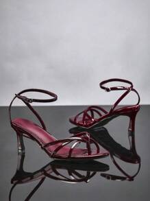 SHUZIA Giày cao gót nữ, quai hậu khóa thời trang bằng da PU sáng bóng thanh lịch - Màu Đỏ Sâu - Xem 4