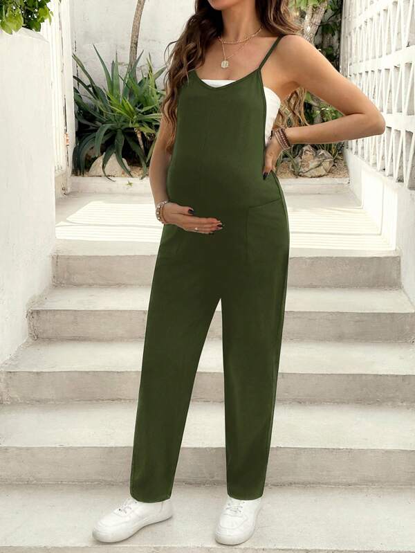 SHEIN Mono de maternidad de punto negro con bolsillo delantero