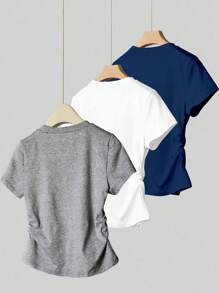 3pcs/Set Teens Girls Casual Versatile Ruched Waist Short Sleeve T-Shirt Plain Tween Shirts For Girls Plain Shirts For Girls Teen Girl Clothes Tops T Shirts - Multicolor - View 2