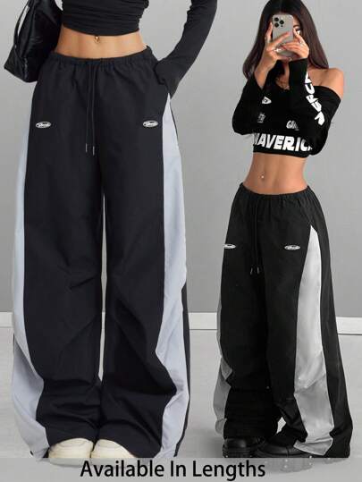 SHEIN PETITE CURVE Plus Size Women's Summer Concert Streetwear Going Out Color-Blocked Parachute Pants, Suitable For Autumn And Winter Valentine's Day