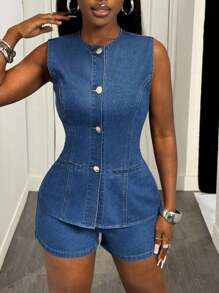 Slaydiva 女士单排扣无袖牛仔上衣和牛仔短裤两件套女士夏季套装女士办公室服装女士教师服装两件套夏季服装女士夏季套装 - 中等水洗藍 - 查看 5
