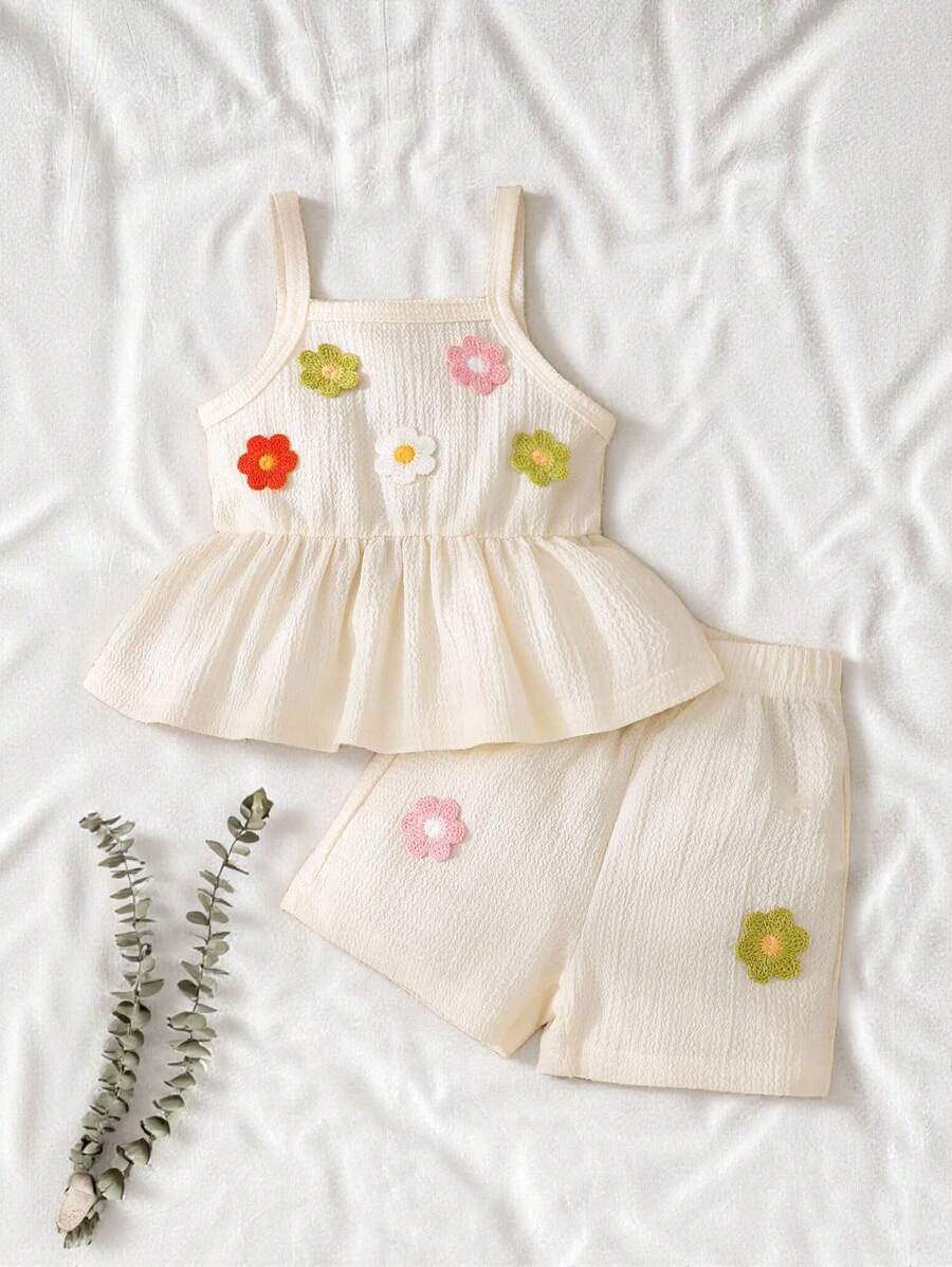 SHEIN Vintaside Kids 2pcs/Set Baby Girl Spring&Summer Vacation Style Flower Decoration Sleeveless Slip Top&Shorts - Apricot - View 1