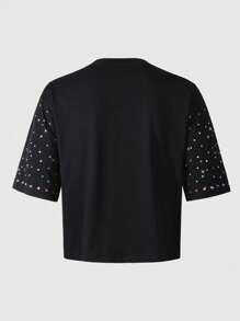 ROMWE MEN Street Life 男士街头生活宽松短袖 T 恤，带闪光水钻刺绣设计 - 黑色 - 查看 3