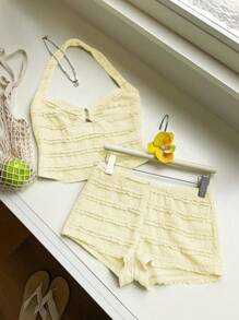 SHEIN EZwear 2pcs/Set Plus Size Green Textured Halter Top And Shorts, Spring/Summer - Yellow - View 6