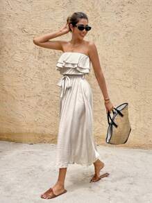 SHEIN Frenchy 女式休闲度假纯色荷叶边下摆抹胸连衣裙 - 杏色 - 查看 7