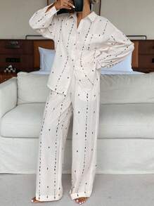 DAZY 度假风格圆点条纹全身印花休闲女士睡衣套装，秋季服装 - 米色 - 查看 4