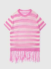 ROMWE MEN Casual Men Hollow Striped Tasseled Knit Short Sleeve Round Neck Top, Summer Vacation - Pink - View 1