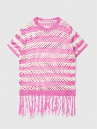 Street Life Top à manches courtes col rond en maille rayée ajourée avec franges pour homme, été