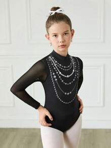 SHEIN Bộ đồ liền thân bó sát tập luyện thi đấu thể thao dài tay cho bé gái tuổi mới lớn, in họa tiết màu đen, co giãn cao thoải mái, thoáng khí - màu đen - Xem 4