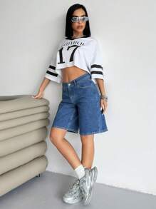 SHEIN Pantalones cortos vaqueros informales de cintura baja con bolsillos sesgados