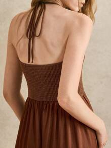 Écloséra Elegant French Retro Halter Neck Wear Rope Beads Knitted Splicing Woven Slim Fit Rust Brown Spring And Summer Ladies Summer Dress