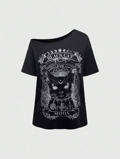 Goth Oversized Black Cat Mysterious Loose Dropped Shoulder Short Sleeve T-Shirt