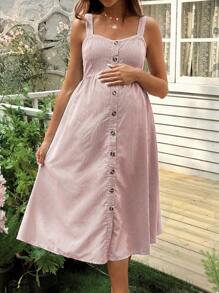 SHEIN Maternity Summer Wide Strap Front Button-Up Shirred Striped Adjustable Shoulder Strap Nursing Dress - Brown - View 3